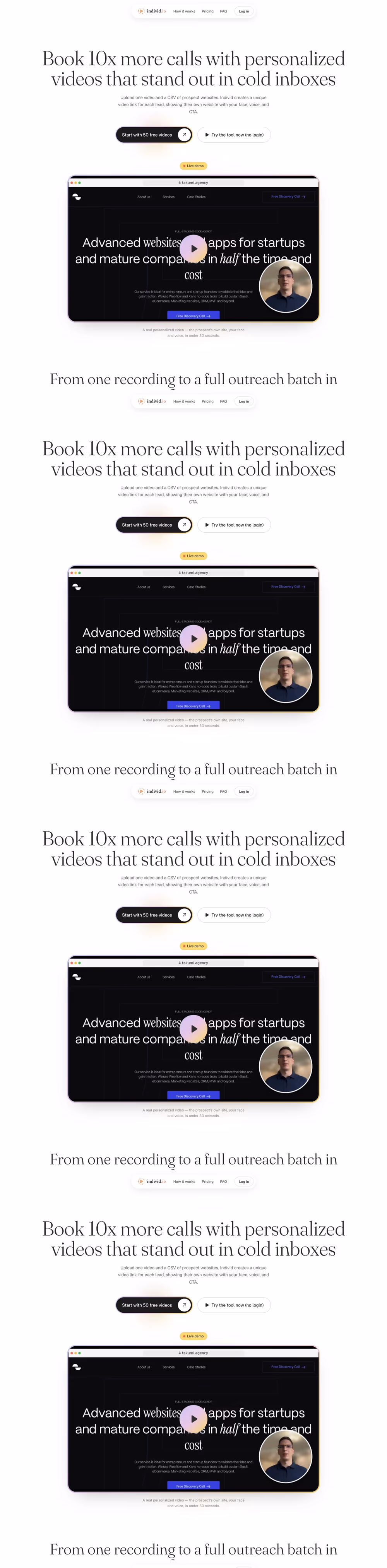 Individ personalized cold-outreach video platform website homepage
