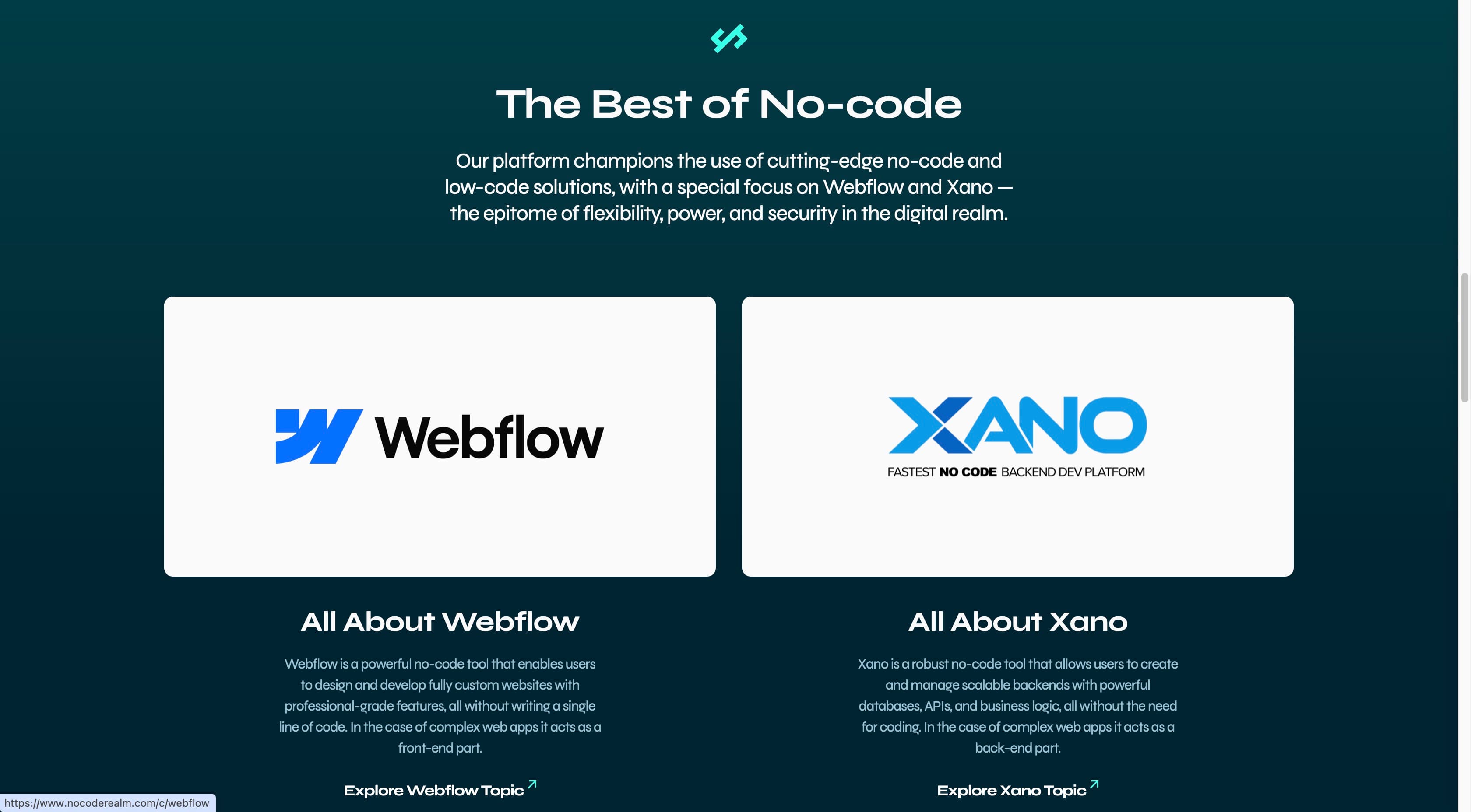 NoCode Realm platform outcome showing Webflow and Memberstack integration