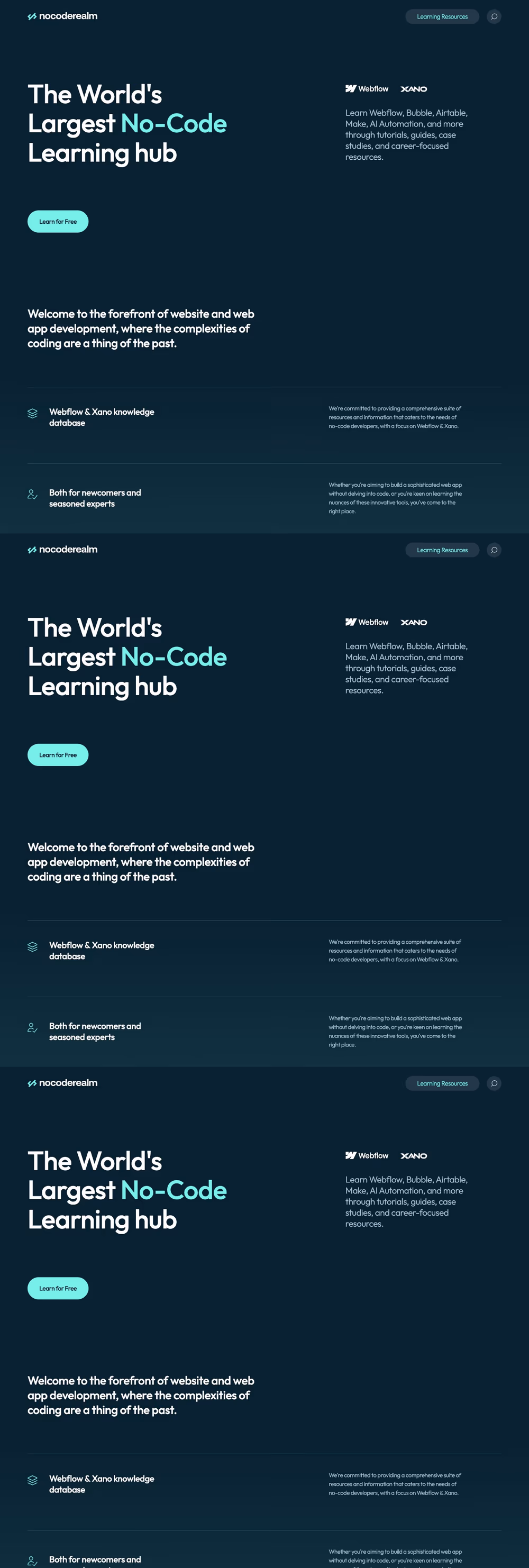 NoCode Realm no-code learning hub website homepage with Webflow and Xano resources