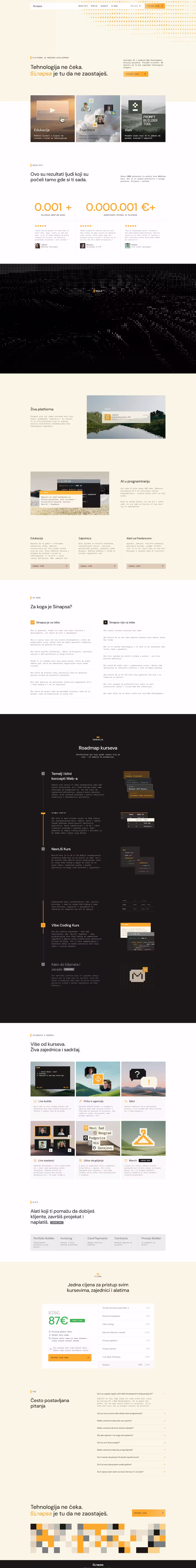 Sinapsa AI learning platform website homepage with project showcase grid