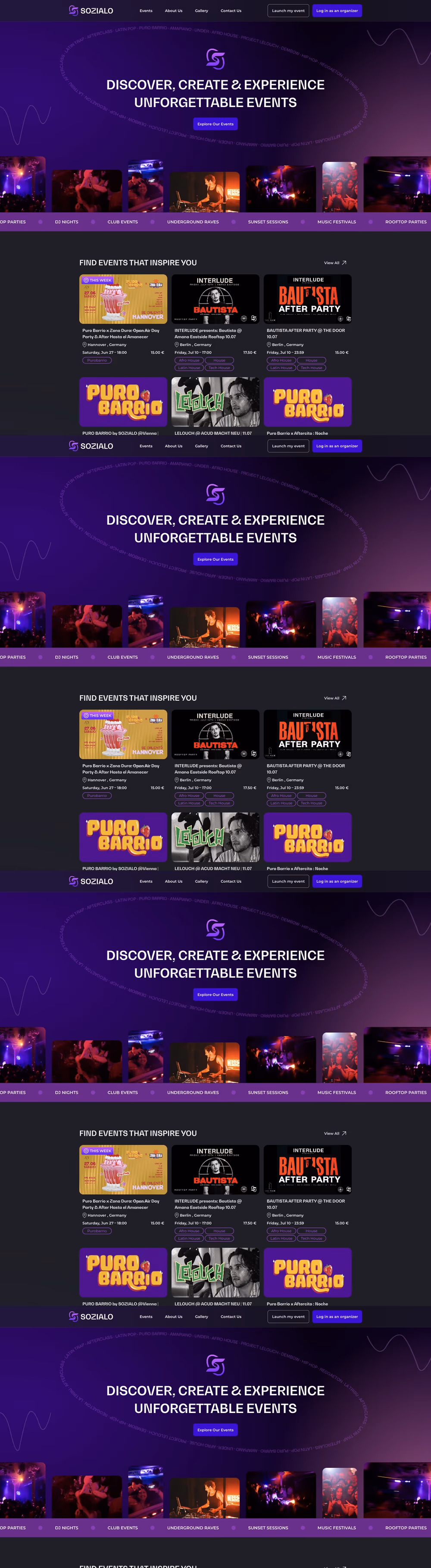 Sozialo event production and ticketing platform website homepage with event listings