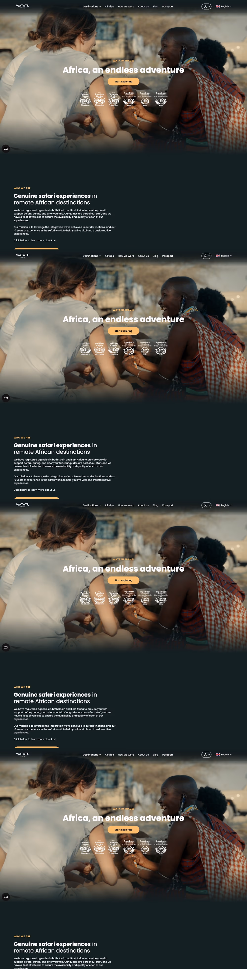 Watatu Travel African safari travel website homepage with featured trips